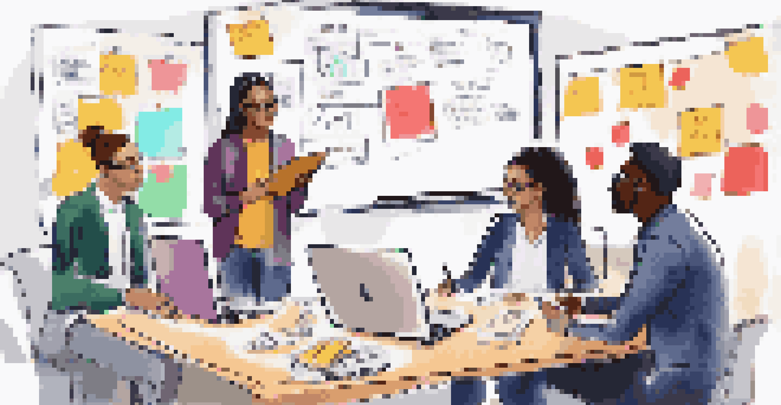 A diverse group of marketers collaborating on event marketing strategies, surrounded by laptops and sticky notes.