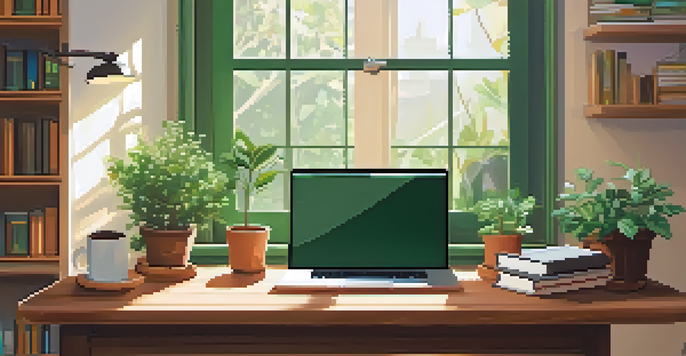 A cozy workspace with a laptop showing code, a potted plant, and programming books under natural light.