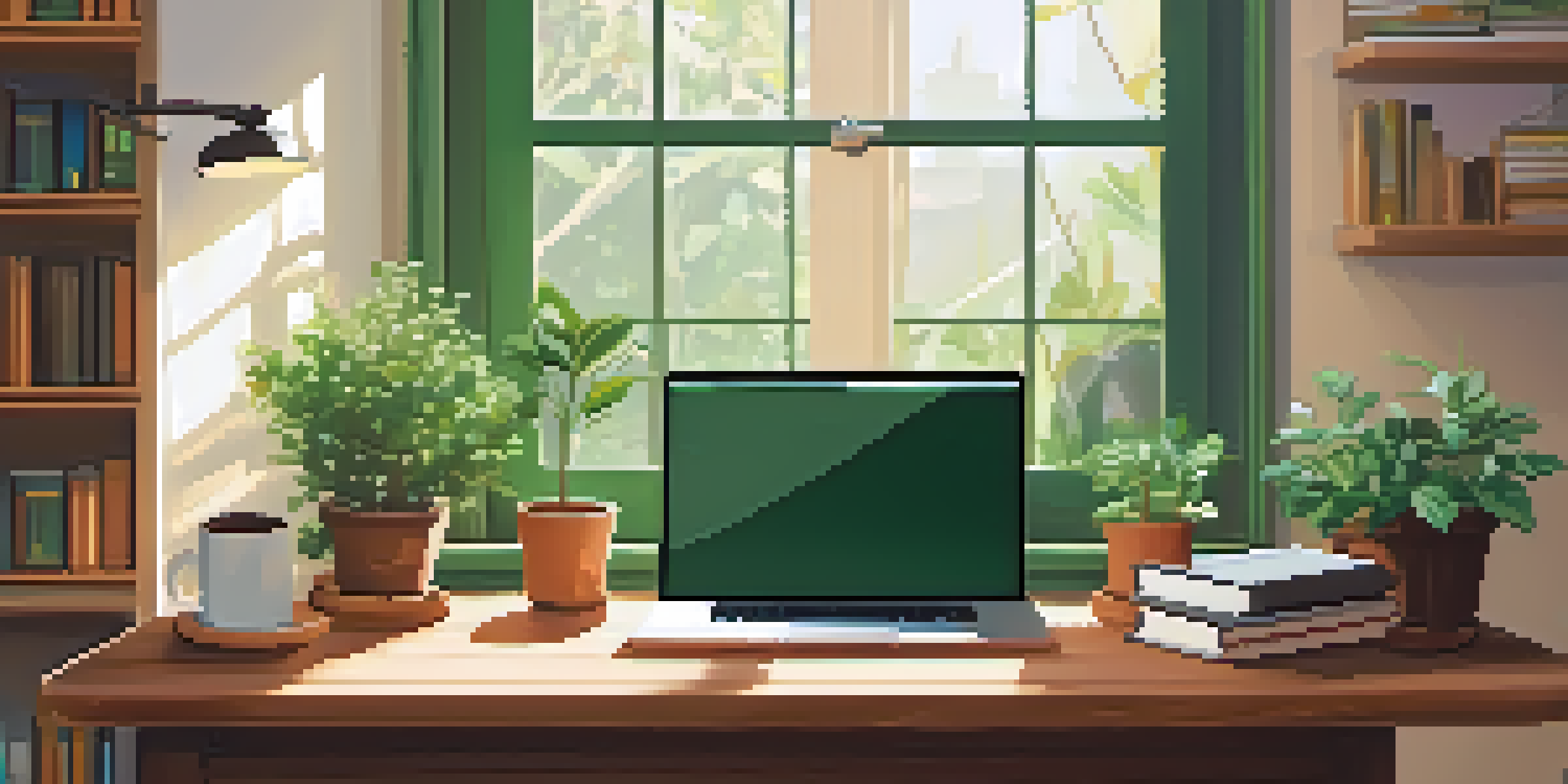 A cozy workspace with a laptop showing code, a potted plant, and programming books under natural light.