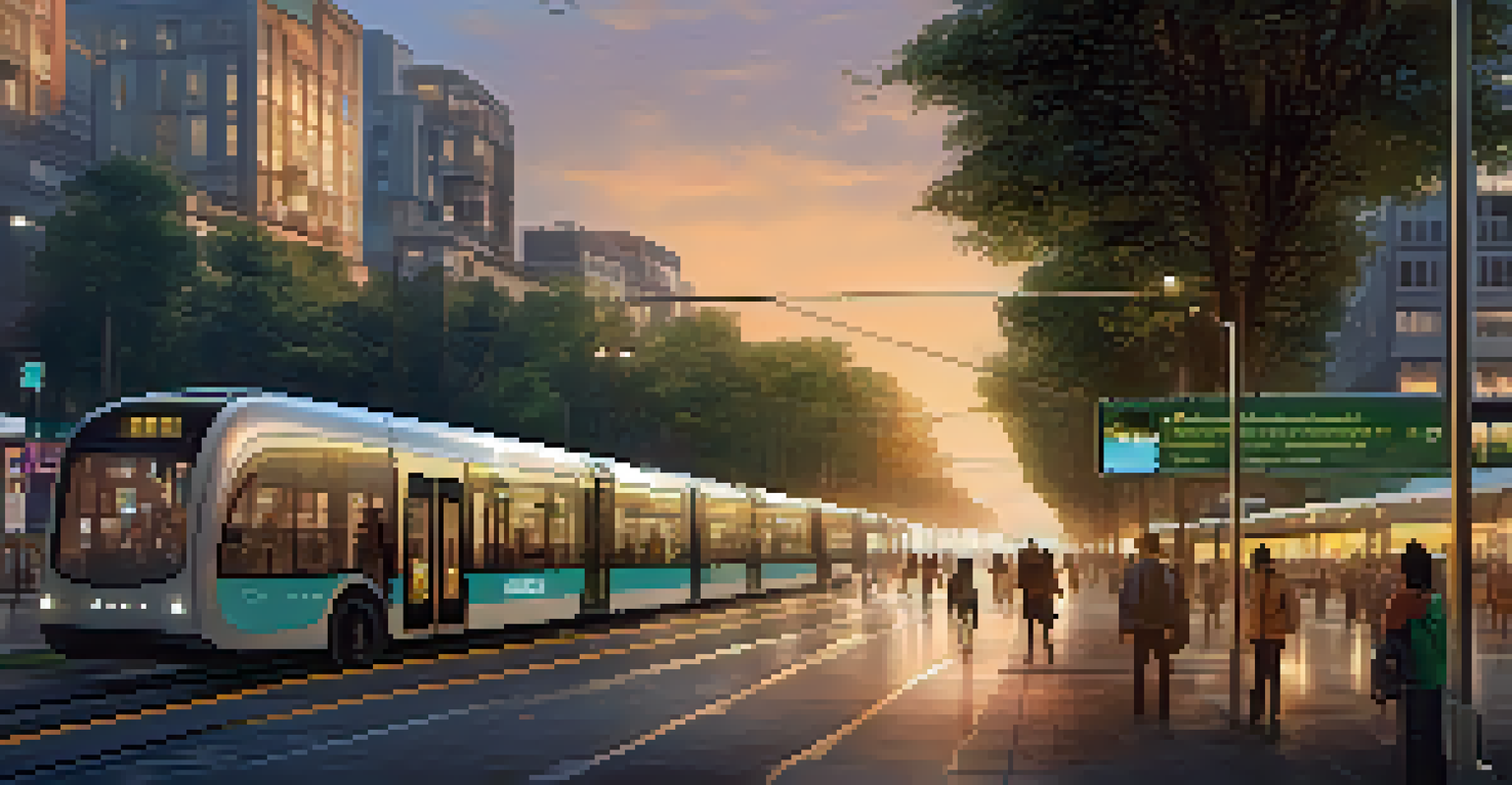 A smart city in the evening with glowing streetlights and digital displays, surrounded by pedestrians and trees.