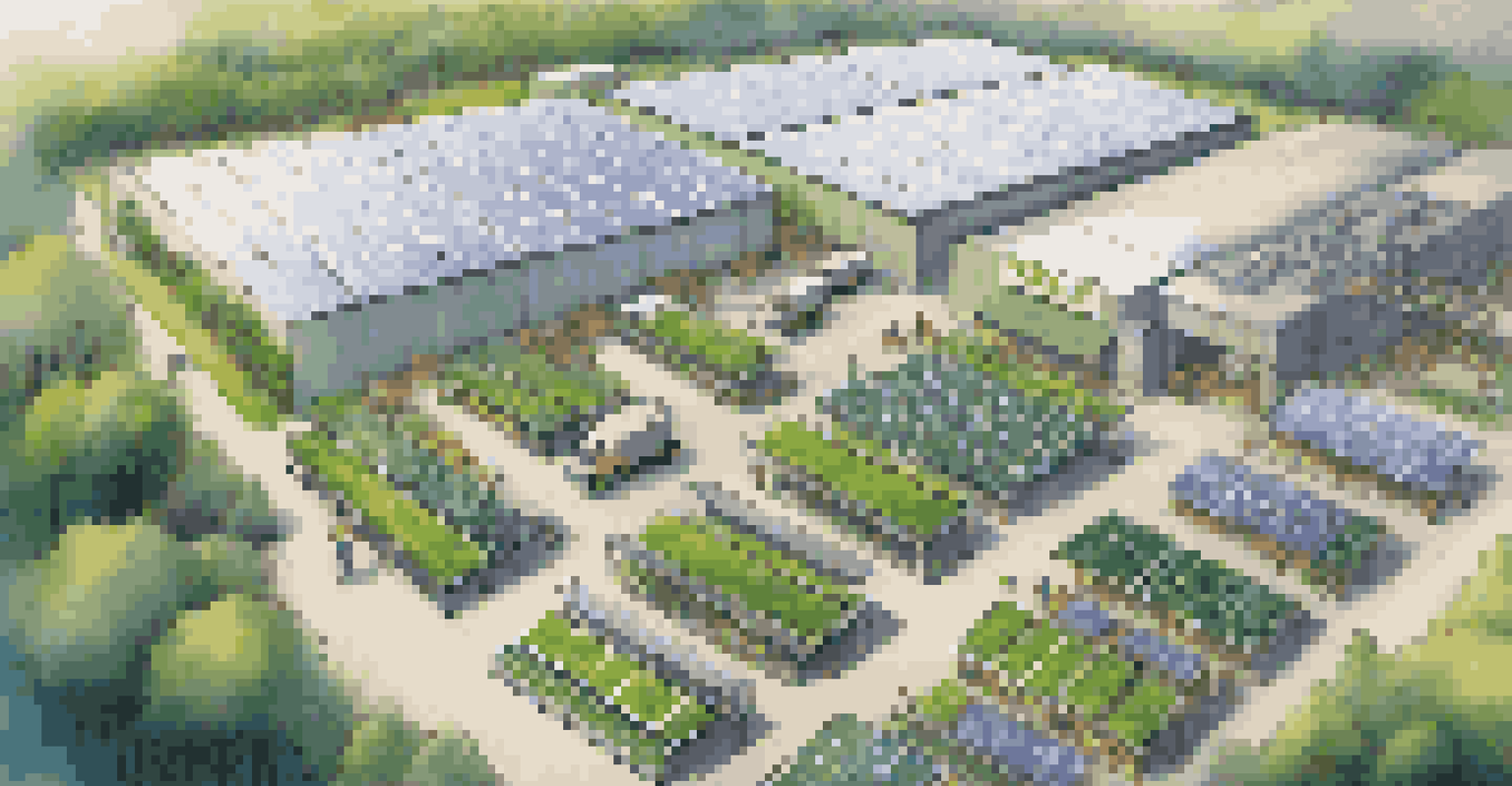 An aerial view of a sustainable supply chain operation with solar panels and employees in a green environment.