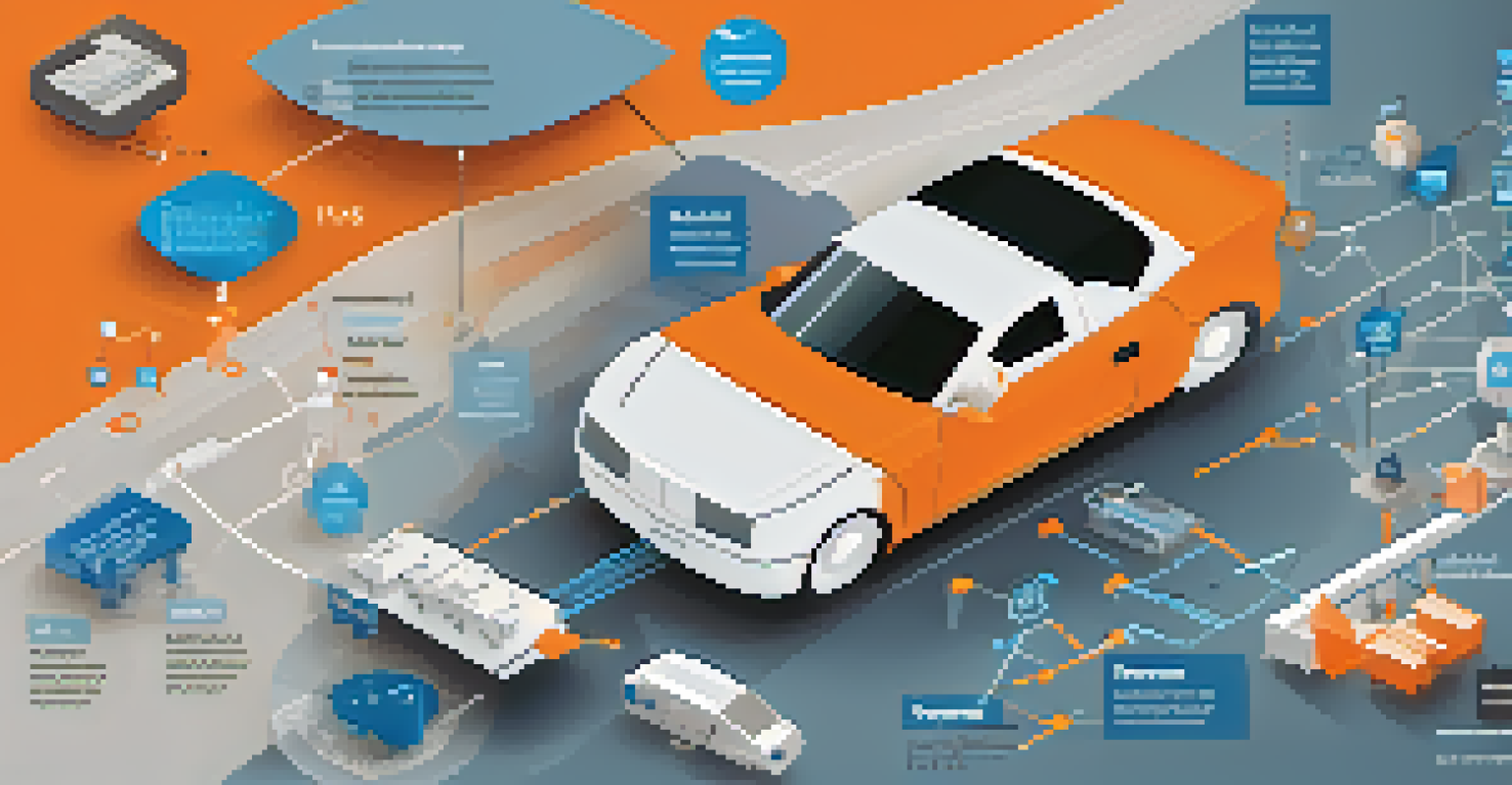 An infographic showing the connection between data analytics and digital twins, featuring icons and a digital model of a vehicle.
