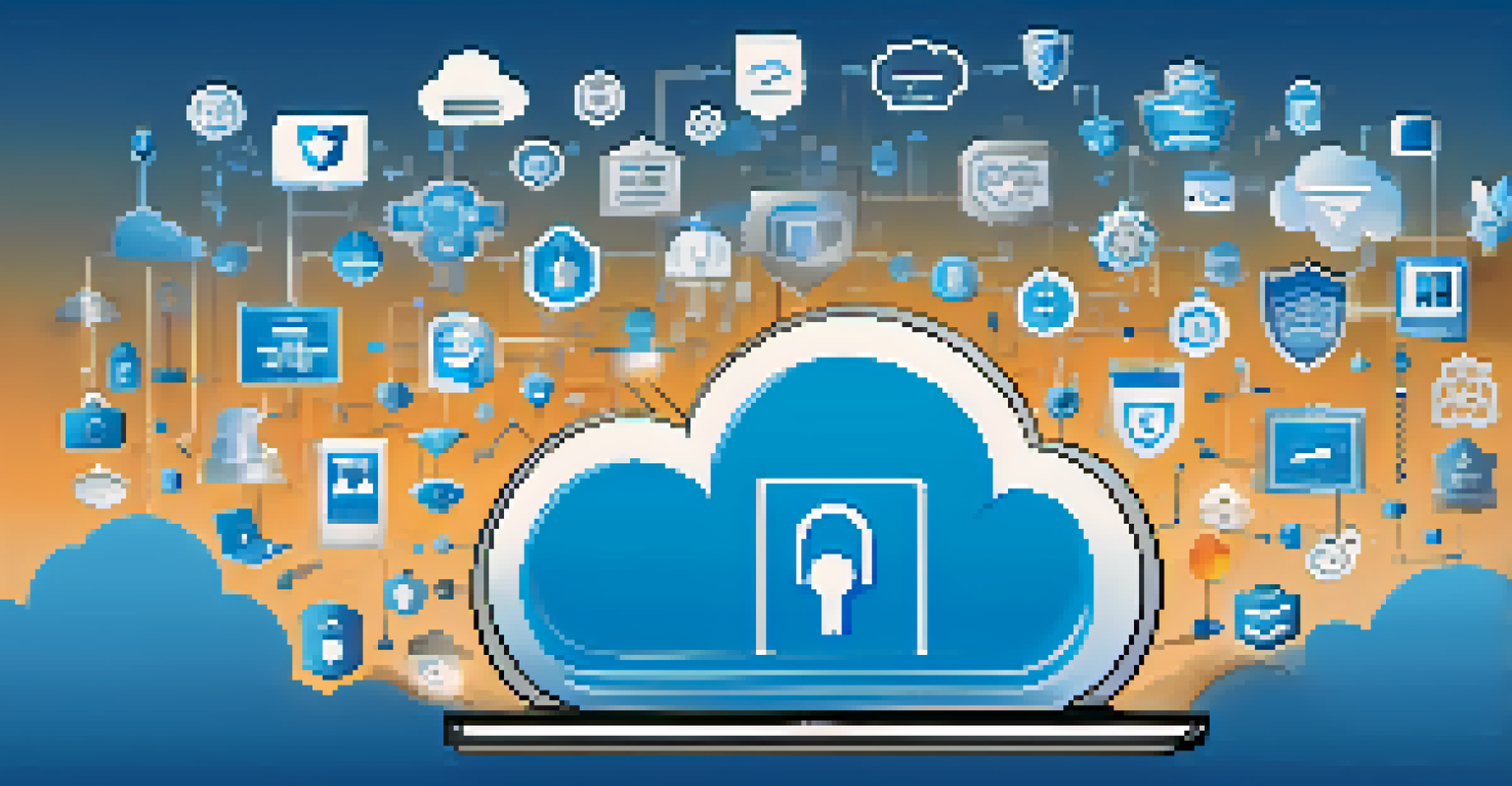 An abstract image of a cloud icon surrounded by security symbols like locks and shields on a blue and white gradient background, representing cloud security compliance.