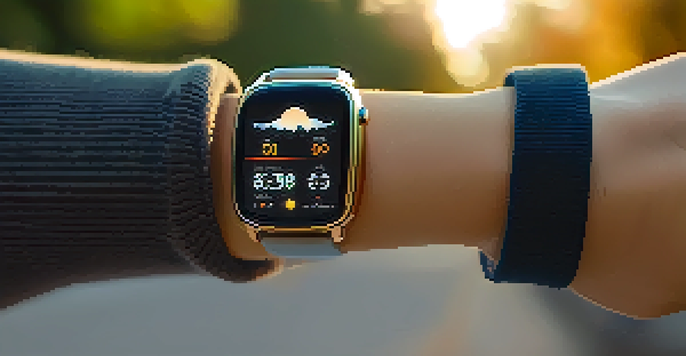 A modern smartwatch on a person's wrist showing health metrics, set against a blurred park background during golden hour.