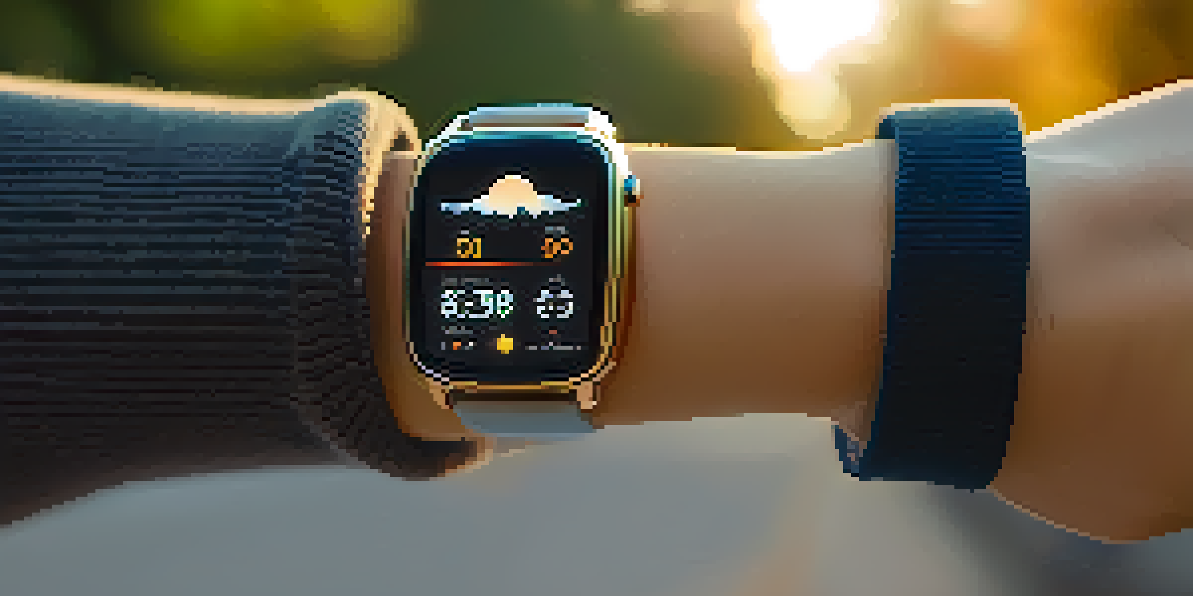 A modern smartwatch on a person's wrist showing health metrics, set against a blurred park background during golden hour.