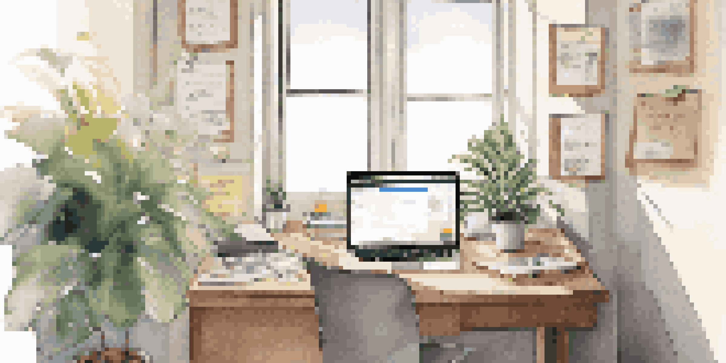 A modern workspace with a laptop displaying a user feedback survey, a potted plant, and a coffee cup, illuminated by soft morning light.