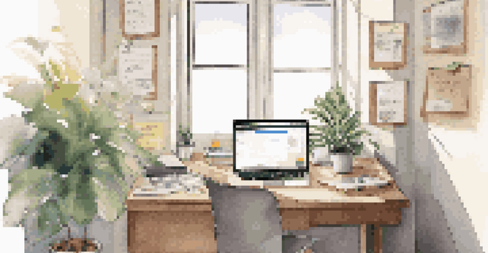 A modern workspace with a laptop displaying a user feedback survey, a potted plant, and a coffee cup, illuminated by soft morning light.
