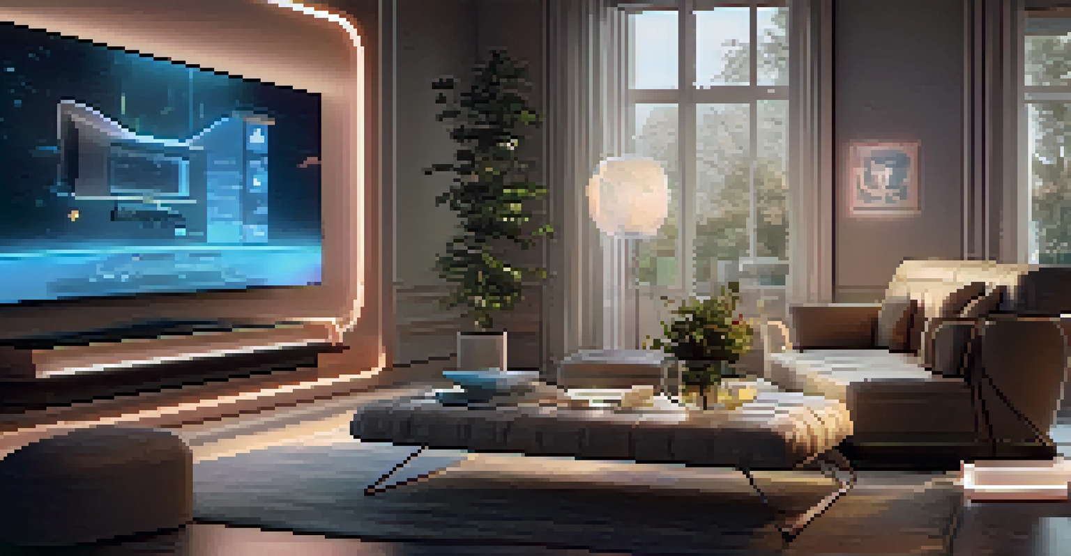 A futuristic virtual assistant interface with a user interacting through gestures in a modern home setting.