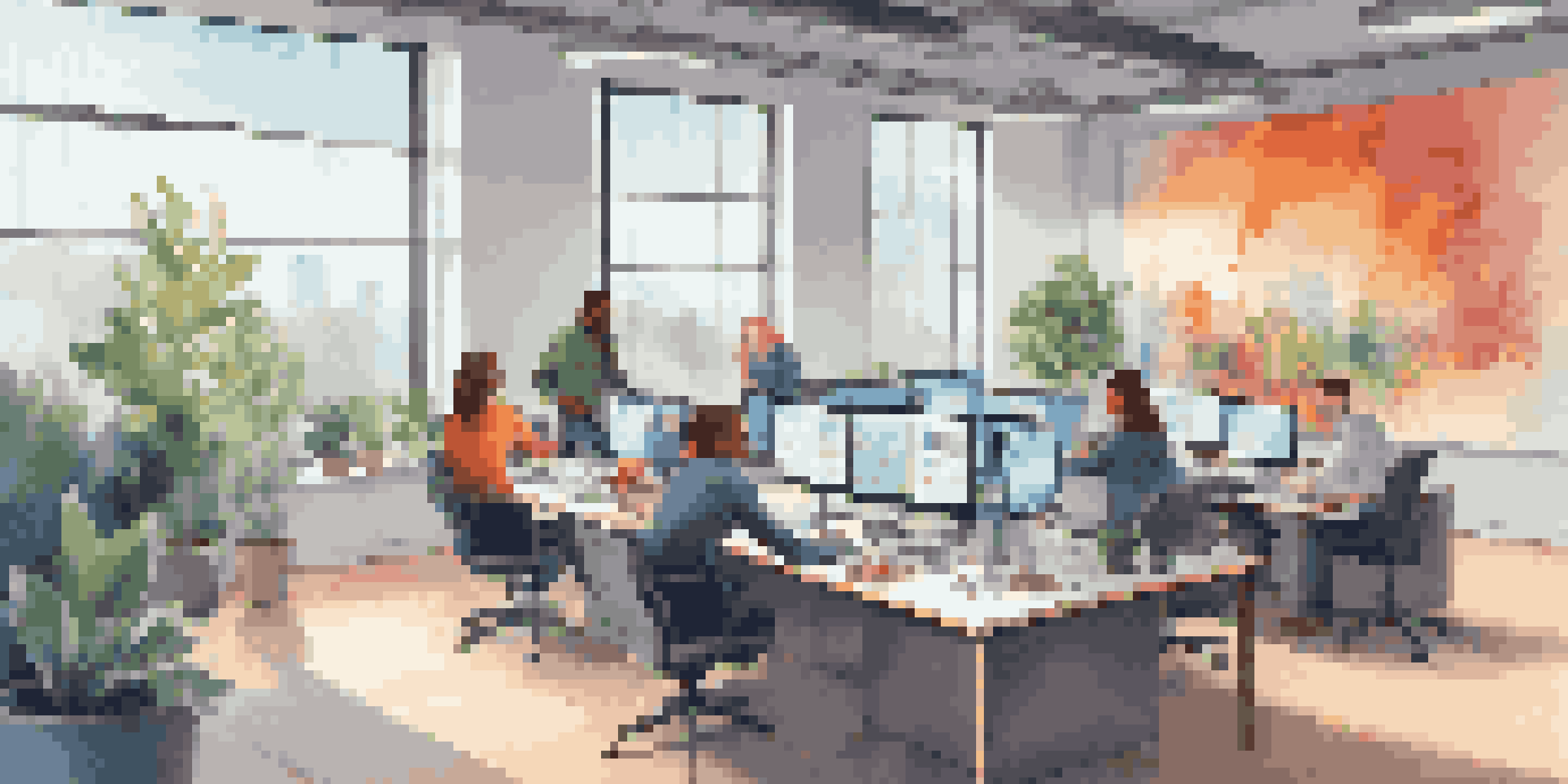 A bright office where a team is collaborating around a table with laptops, showcasing a digital asset management system.