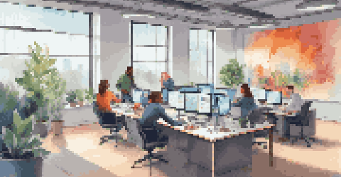 A bright office where a team is collaborating around a table with laptops, showcasing a digital asset management system.