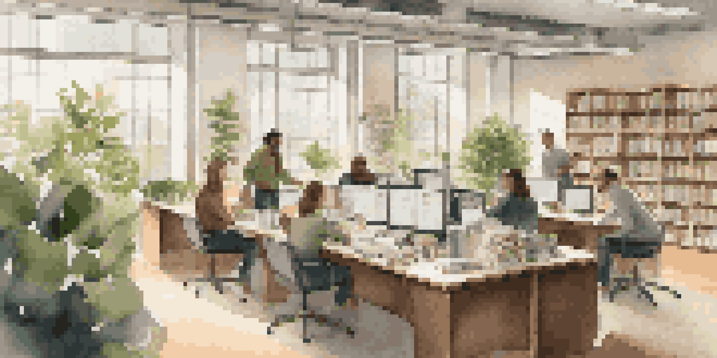 A bright and modern office with employees discussing around a table, bookshelves in the background filled with resources, and plants for a lively atmosphere.