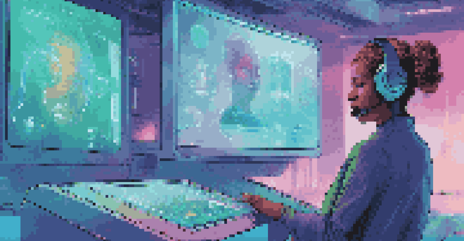 A futuristic scene of a user interacting with a virtual assistant using voice commands, with holographic displays and vibrant neon colors highlighting the technology.
