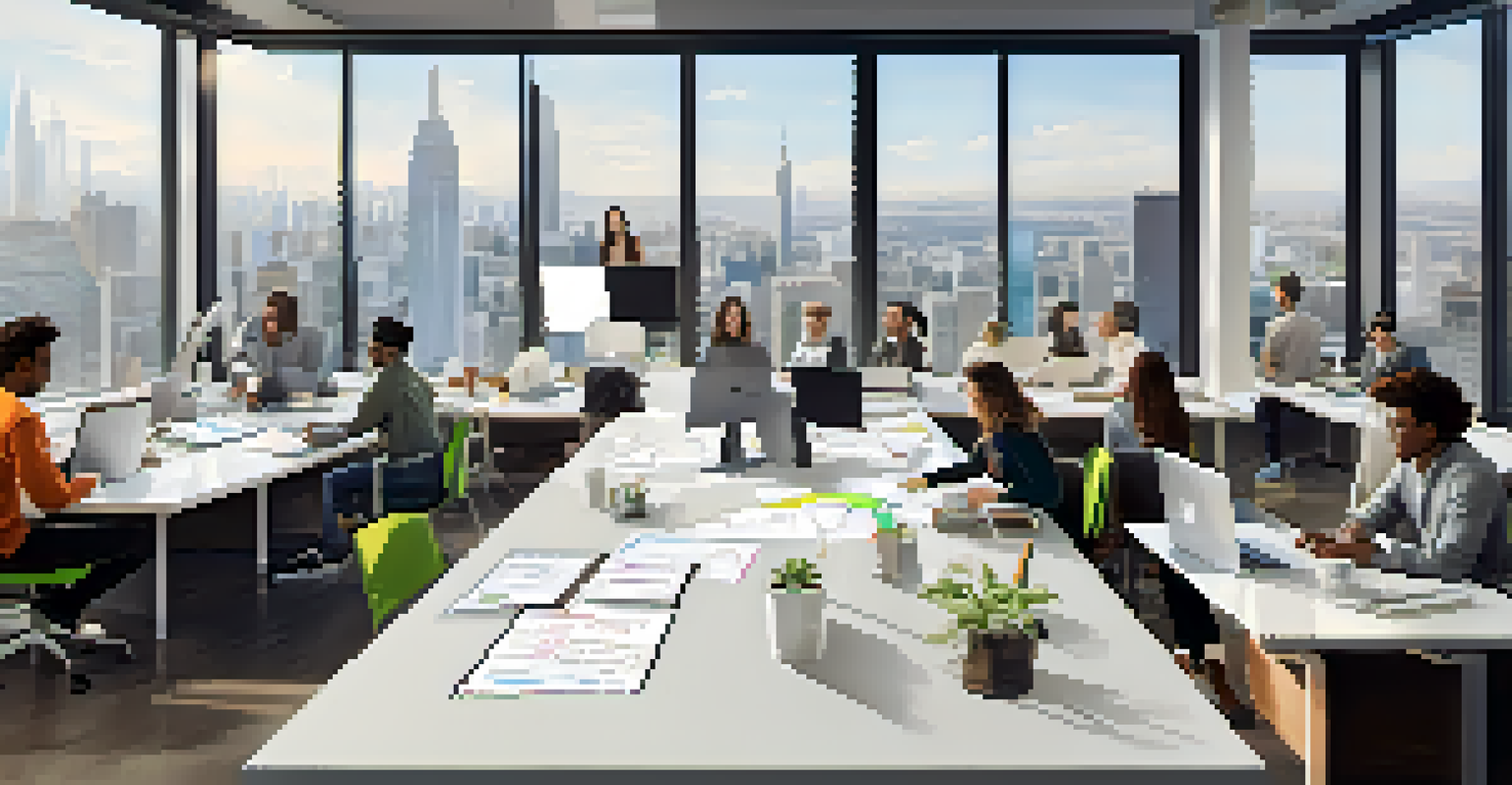 A modern office with a diverse team of professionals working together at a large table, surrounded by a city view.