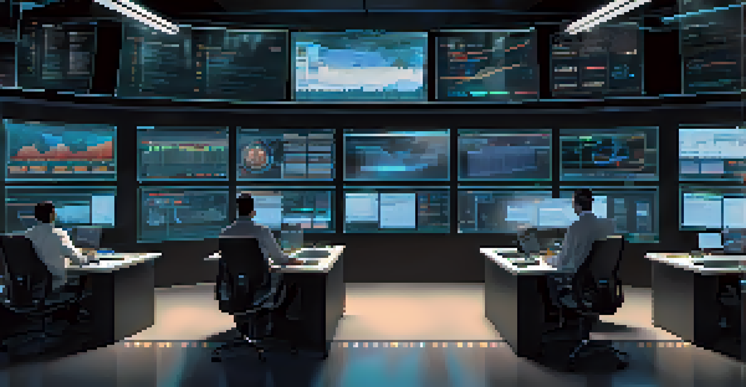 A futuristic control room with screens showing machine performance data, illustrating teamwork in predictive maintenance.