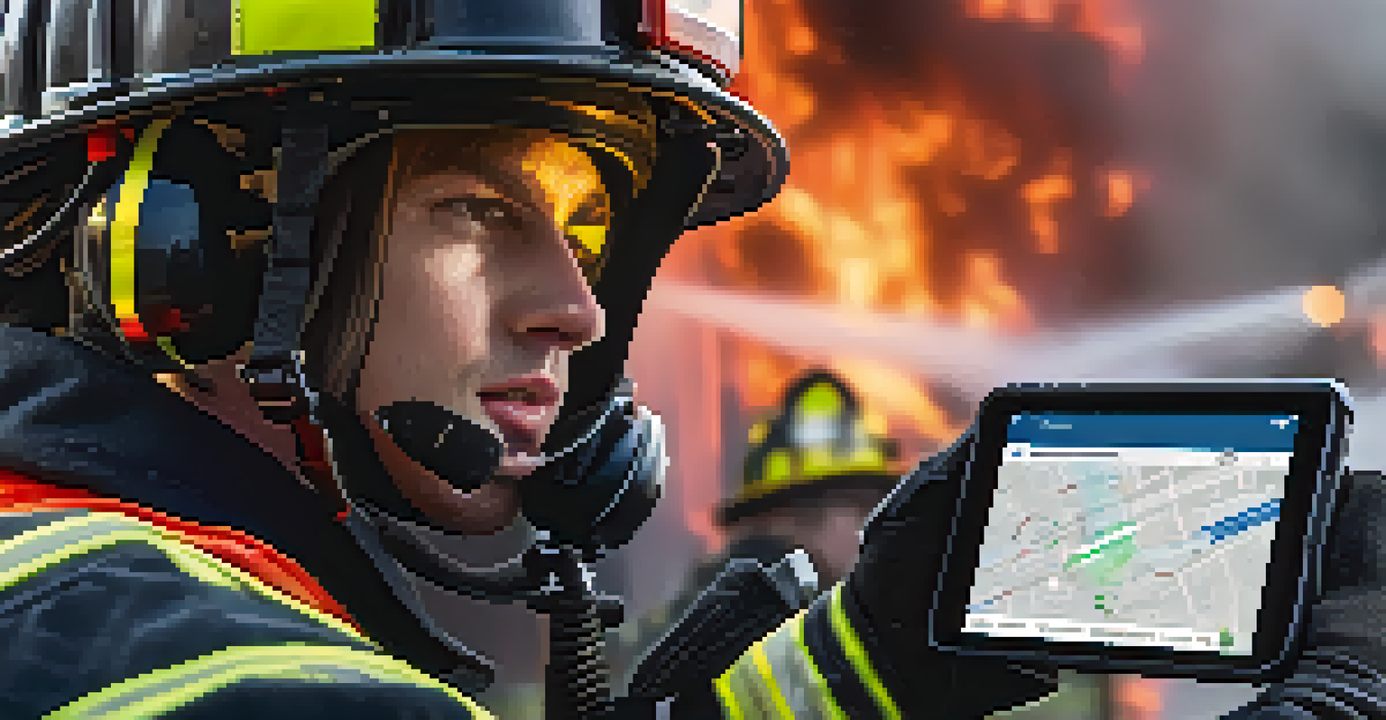 A firefighter using a smartphone with 5G technology surrounded by emergency equipment.