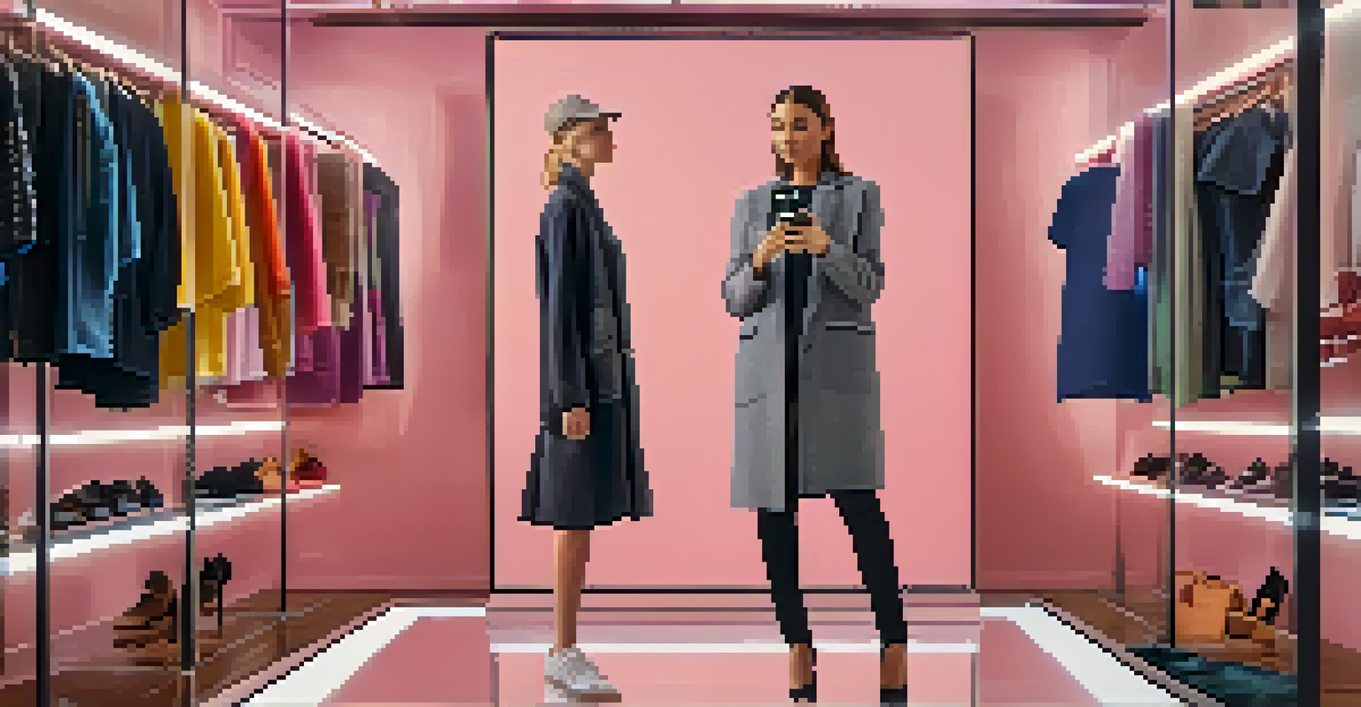 A user trying on clothes virtually using augmented reality in a retail app, set in a stylish dressing room with mirrors and bright lights.