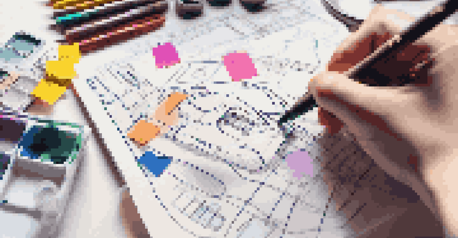 A close-up of hands sketching wireframes on a notepad, with colorful markers and sticky notes around, illuminated by warm light.