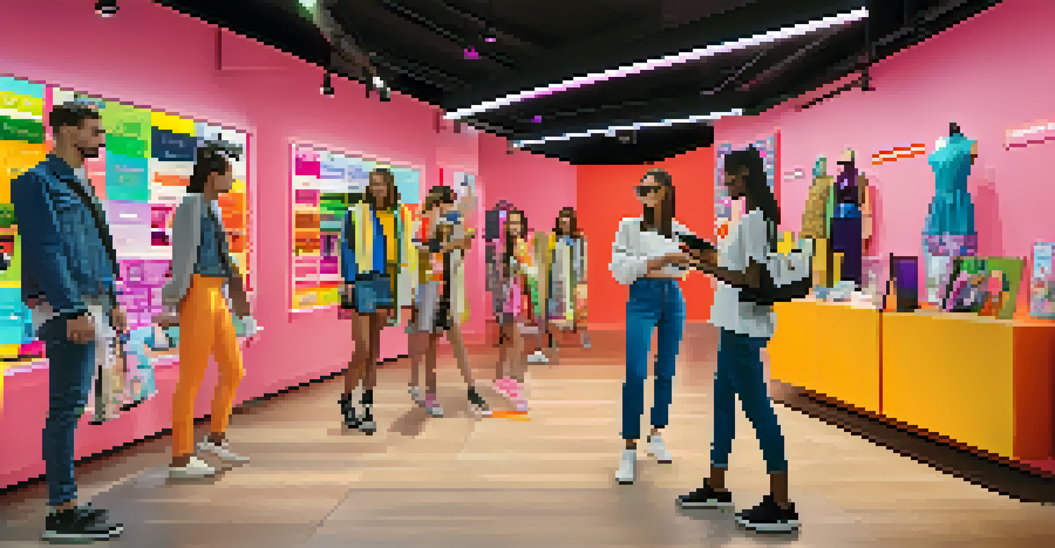 Customers interacting with a gamified AR setup in a clothing store.