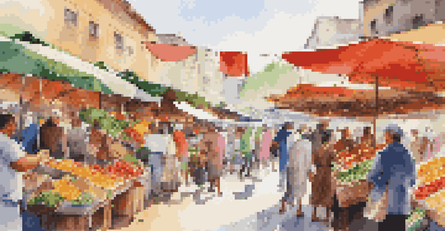 An outdoor market with stalls of fruits, vegetables, and crafts, busy with diverse shoppers.