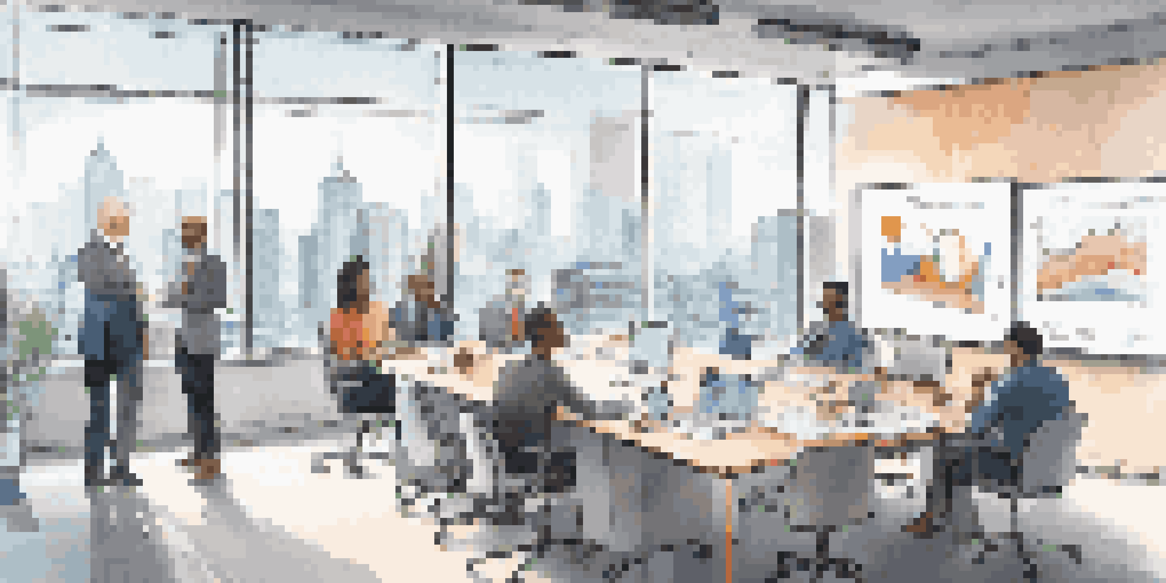 A diverse group of professionals in a bright office meeting about data governance, with a city view and a whiteboard filled with diagrams.