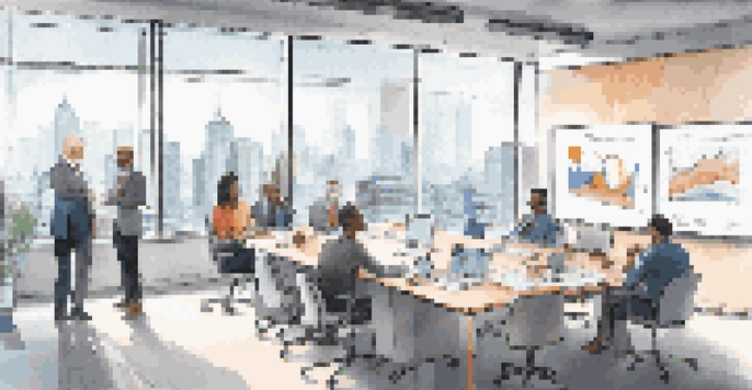 A diverse group of professionals in a bright office meeting about data governance, with a city view and a whiteboard filled with diagrams.