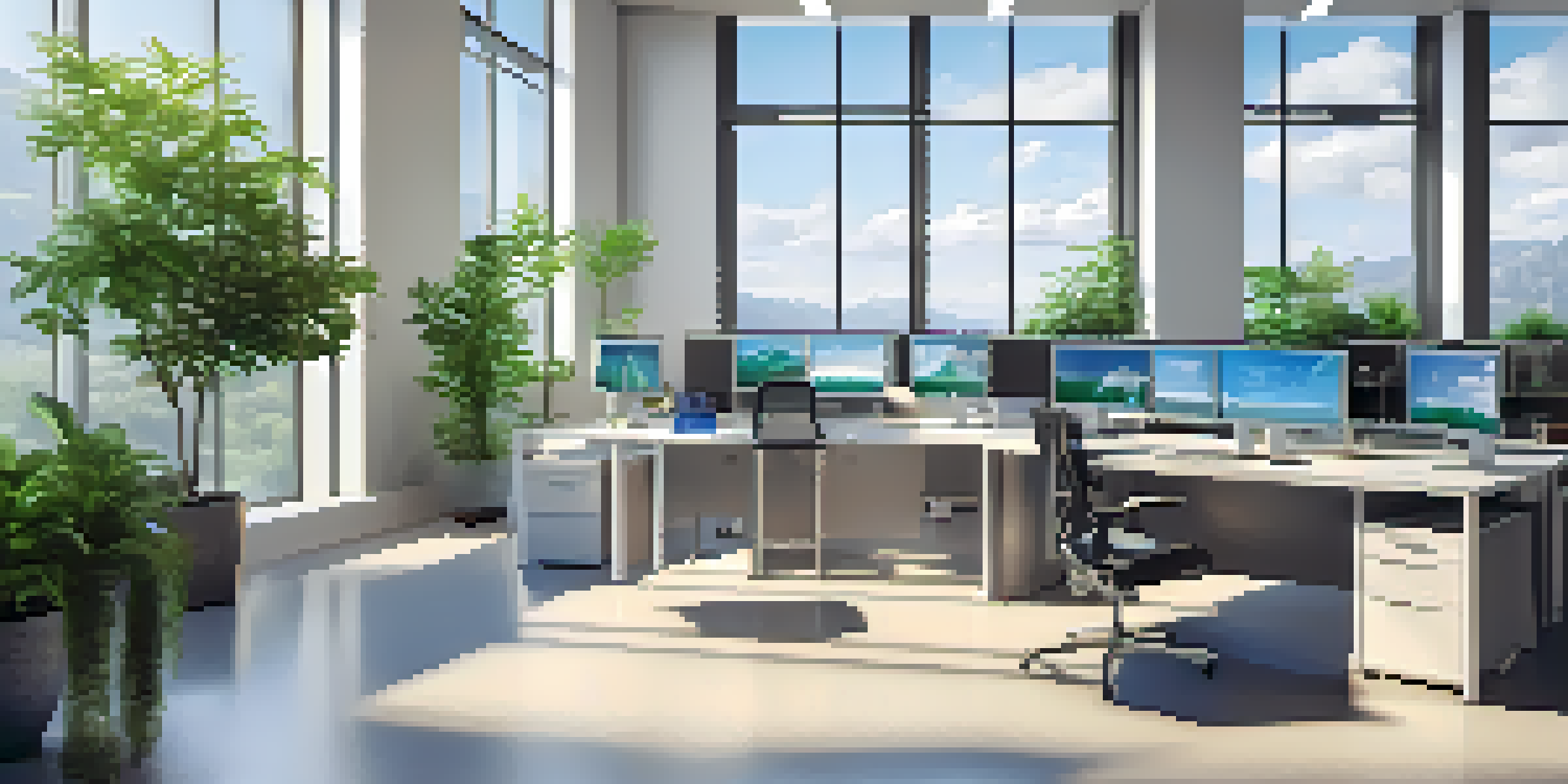 An office workspace with a computer showing cloud security data, surrounded by natural light and indoor plants.