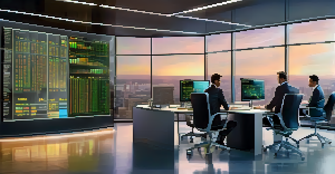 A modern hedge fund office with AI technology, featuring screens showing stock market data and professionals discussing analytics.