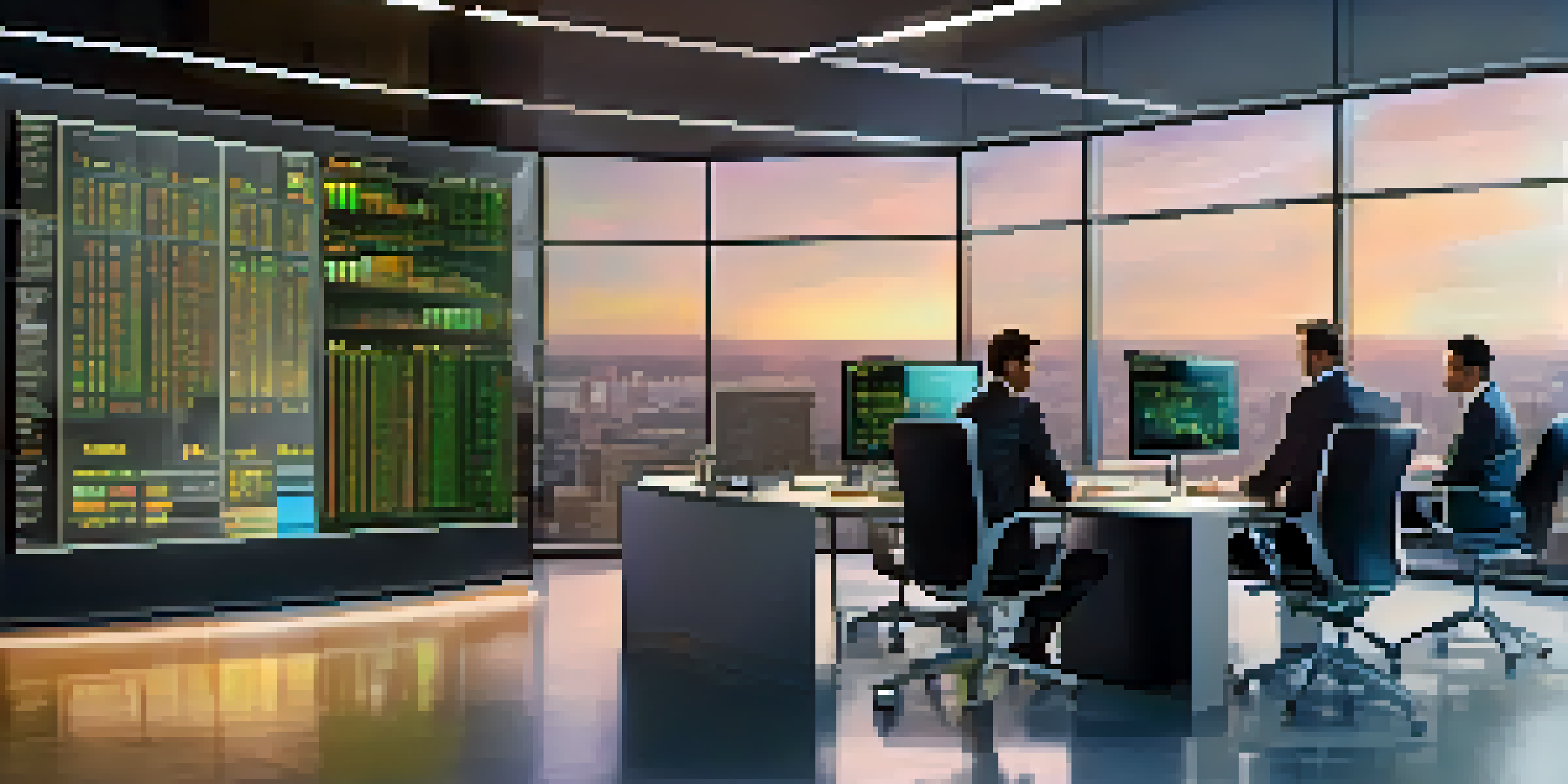 A modern hedge fund office with AI technology, featuring screens showing stock market data and professionals discussing analytics.