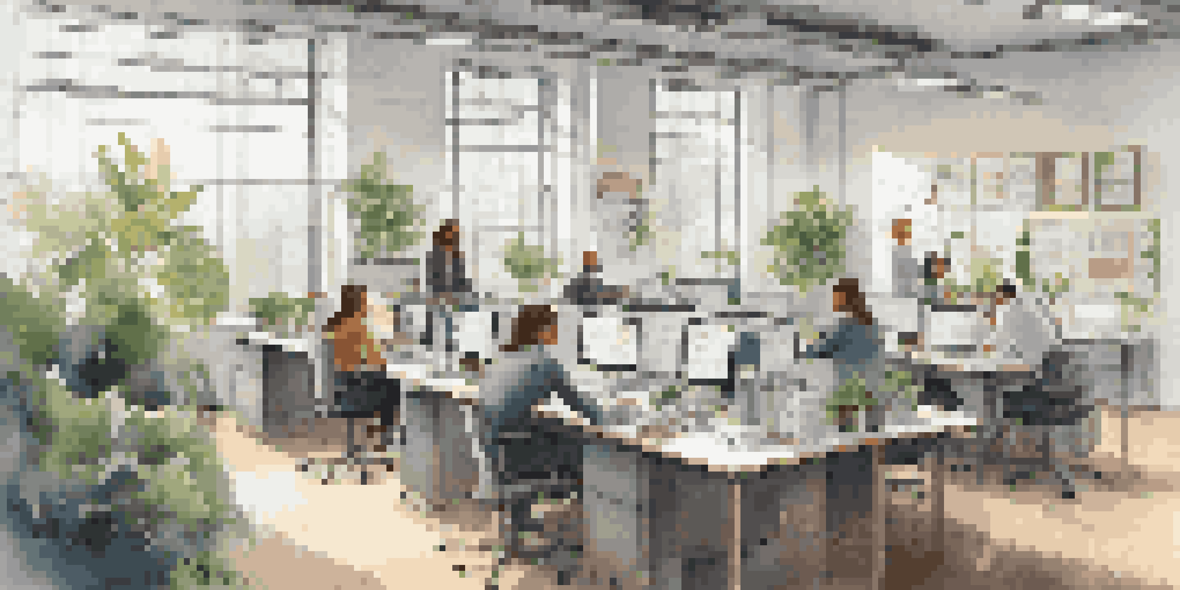 A bright and modern office with employees working together at a large table, emphasizing collaboration and teamwork.