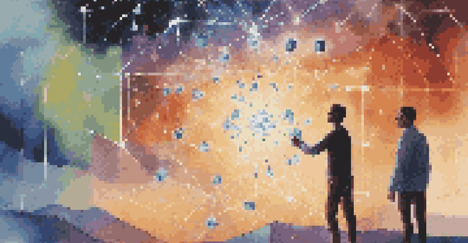 Two people interacting with glowing dice connected by light beams, symbolizing quantum key distribution in a digital landscape.