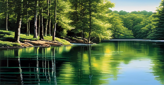 A peaceful lake scene with trees and a blue sky, reflecting sunlight on the water.