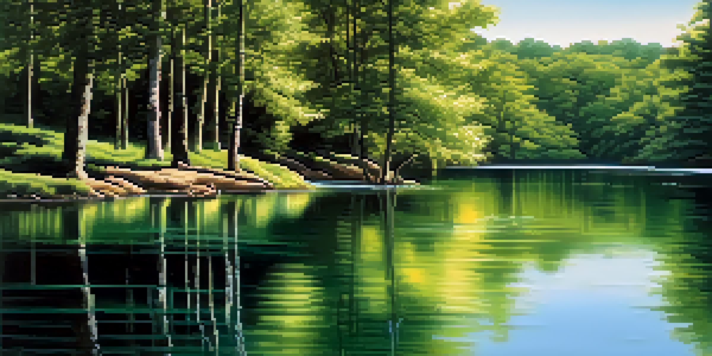 A peaceful lake scene with trees and a blue sky, reflecting sunlight on the water.