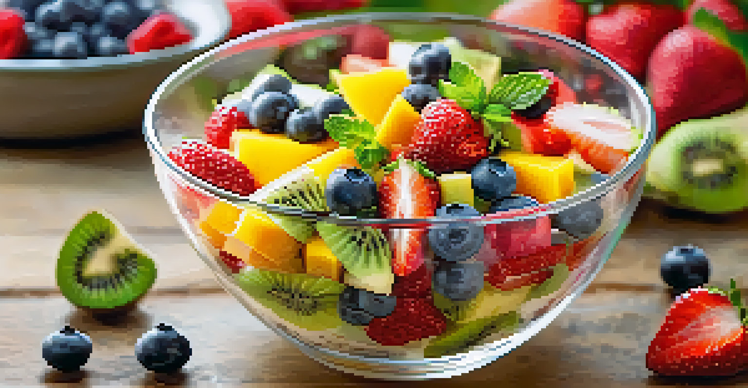 A colorful fruit salad in a glass bowl, featuring strawberries, blueberries, kiwi, and mango, garnished with mint.
