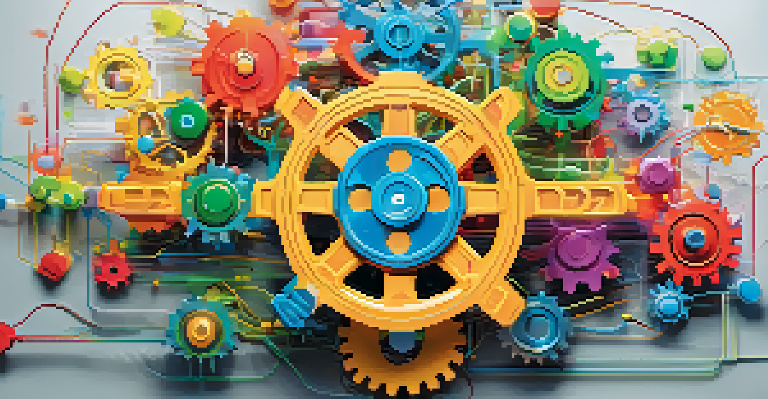 An artistic illustration of a digital supply chain depicted as interconnected gears representing various departments collaborating.