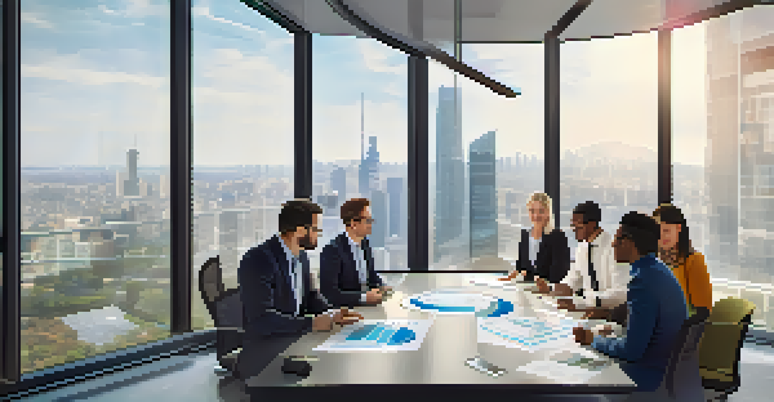 A diverse group of professionals in a conference room discussing data migration strategy with charts on a screen.