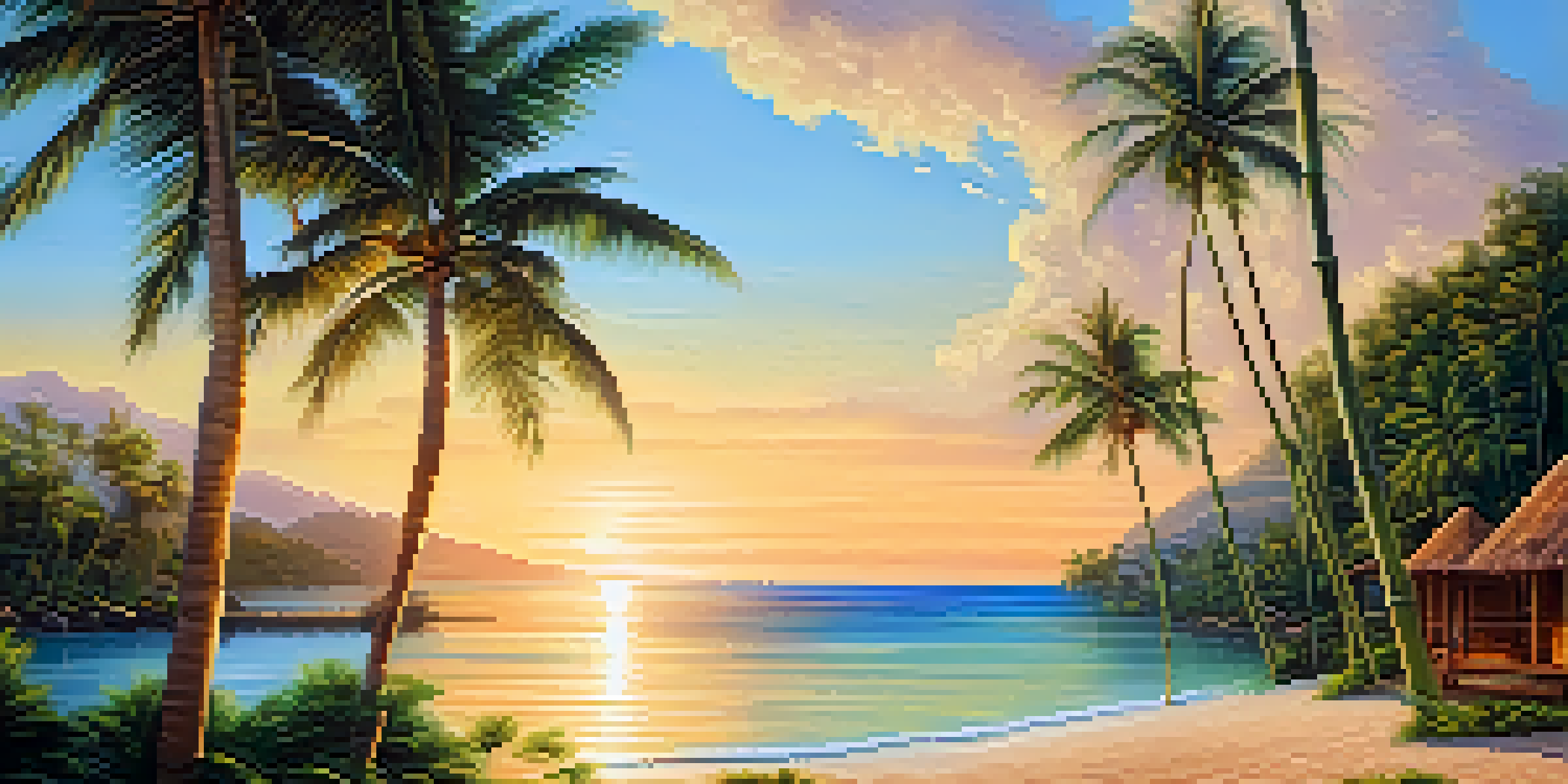 A peaceful beach scene featuring clear waters and a bamboo eco-resort under a golden sunset.