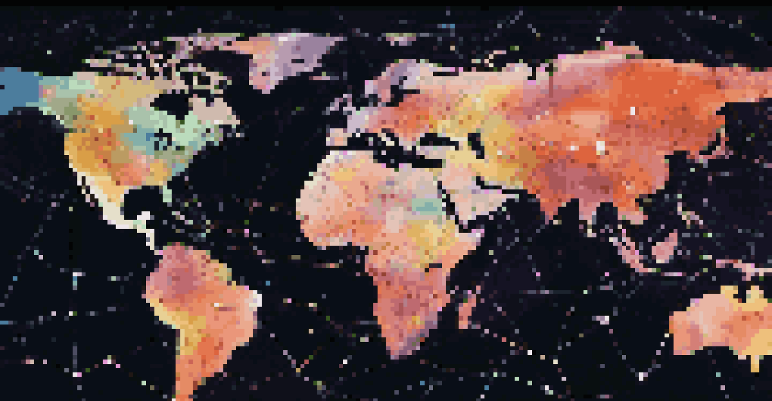 A global map showcasing international collaboration in quantum cryptography with glowing connections between countries on a dark background.