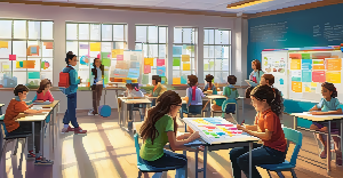 A lively classroom with students collaborating on gamified learning projects, surrounded by colorful decorations and a supportive teacher.