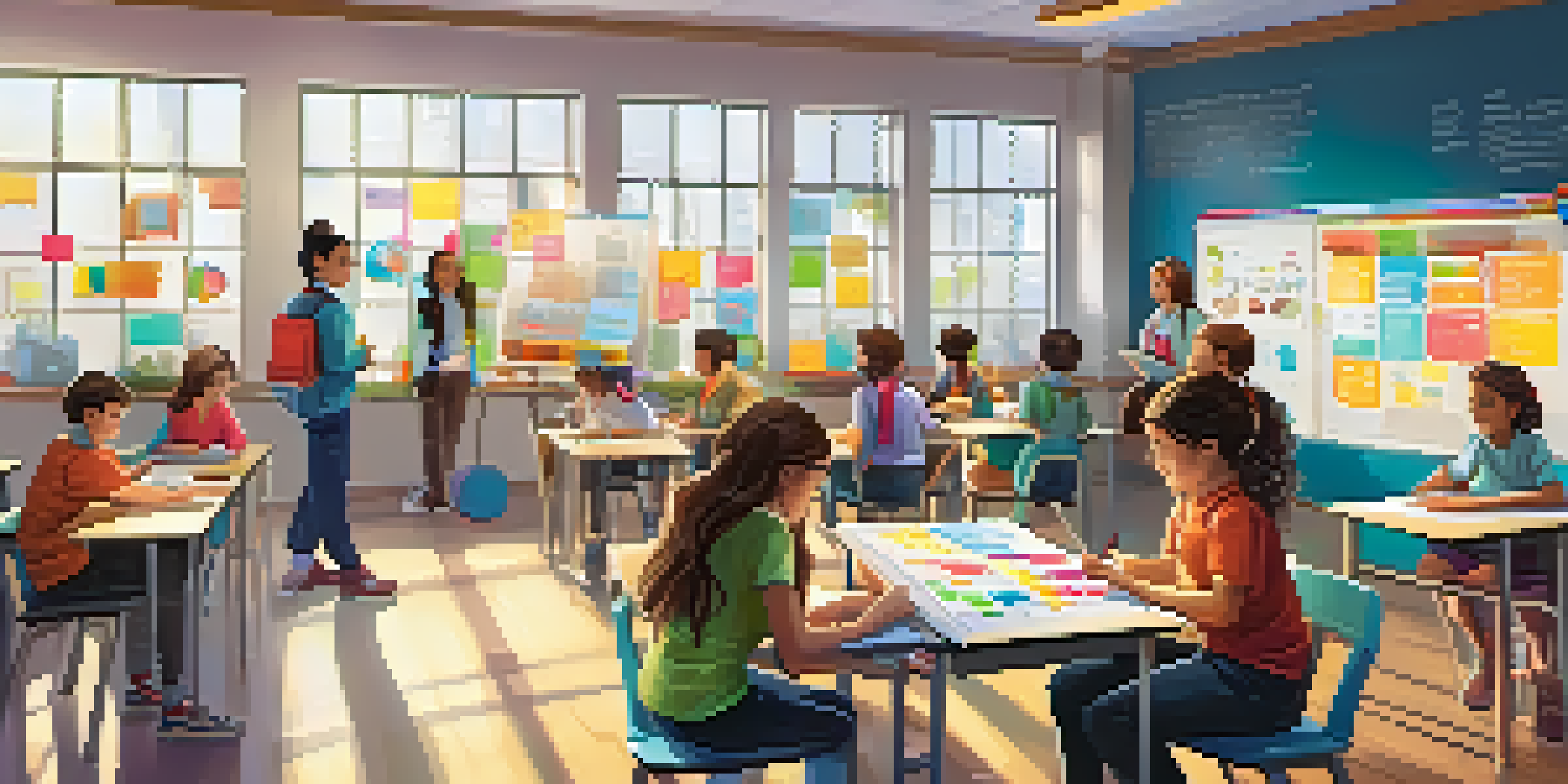 A lively classroom with students collaborating on gamified learning projects, surrounded by colorful decorations and a supportive teacher.