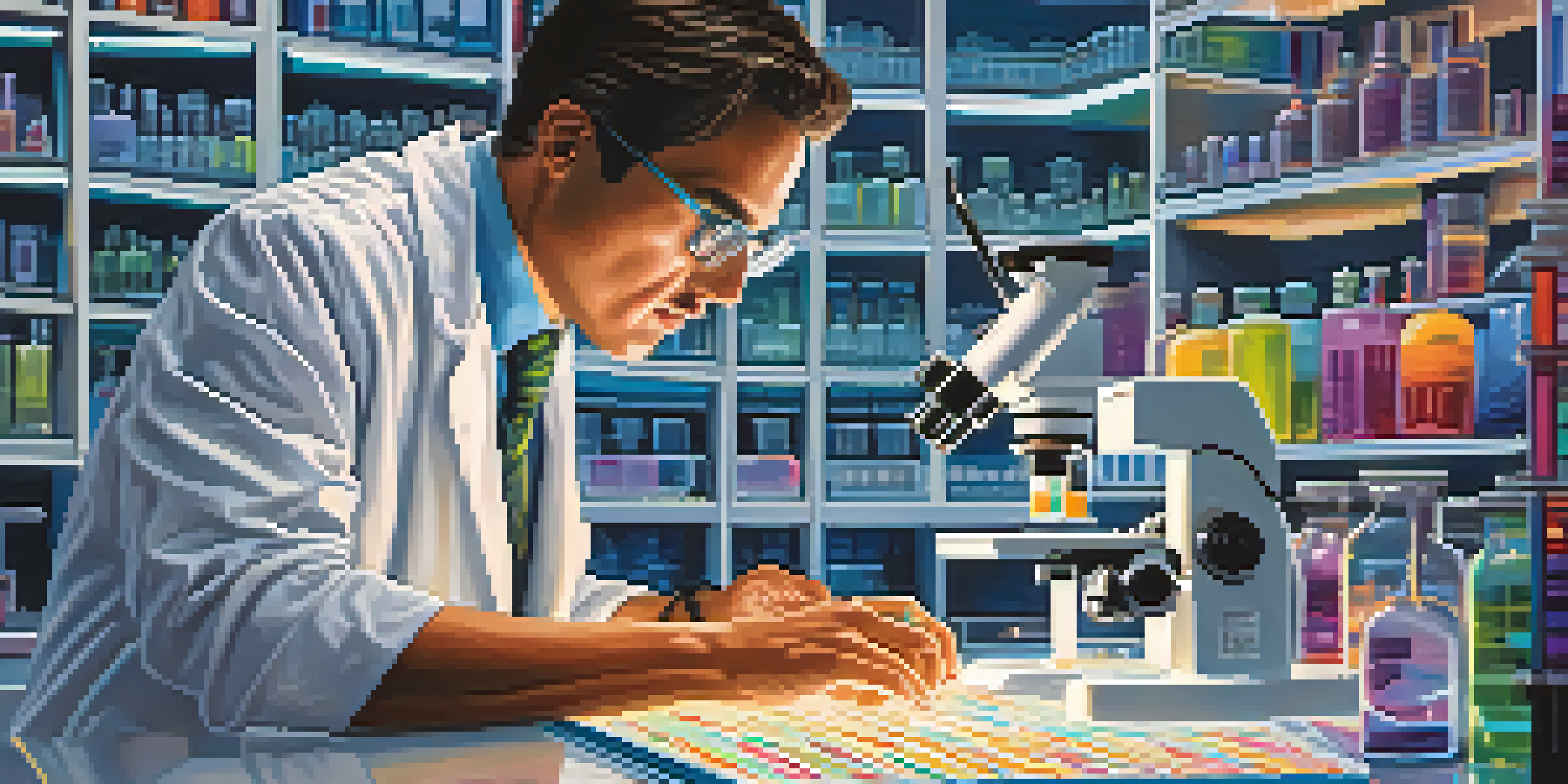 A scientist in a laboratory looking at a DNA strand under a microscope with colorful test tubes in the background.