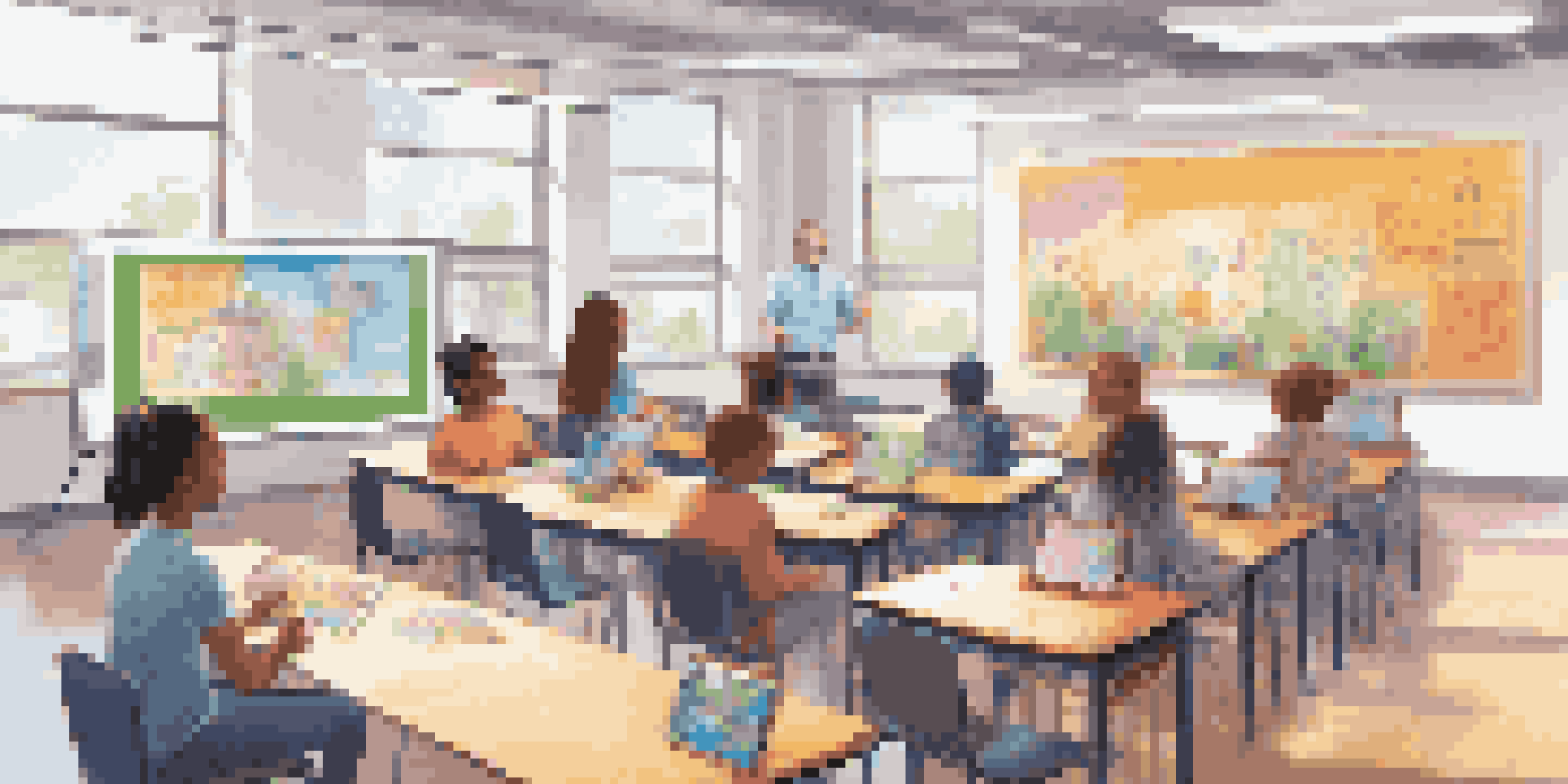 A contemporary classroom with students using tablets for personalized learning, a teacher guiding a group, and bright natural light from large windows.