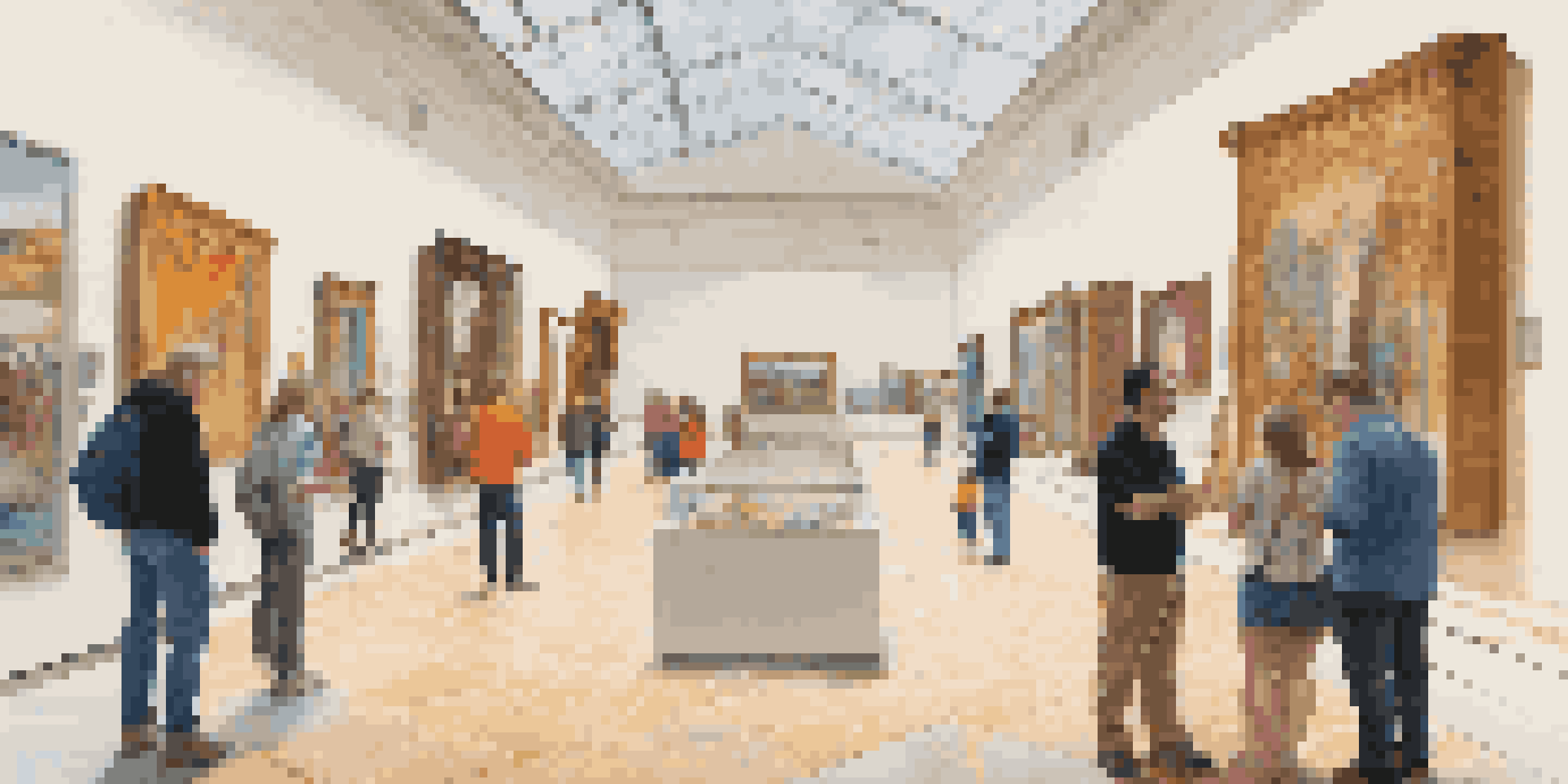 A modern museum filled with visitors interacting with augmented reality displays next to historical artifacts.