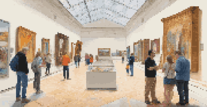 A modern museum filled with visitors interacting with augmented reality displays next to historical artifacts.