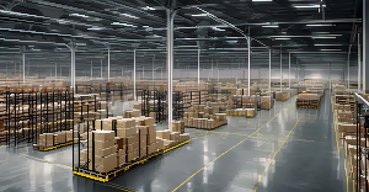 A modern warehouse with workers using tablets to manage inventory, showcasing organized shelves and a large screen displaying supply chain data.