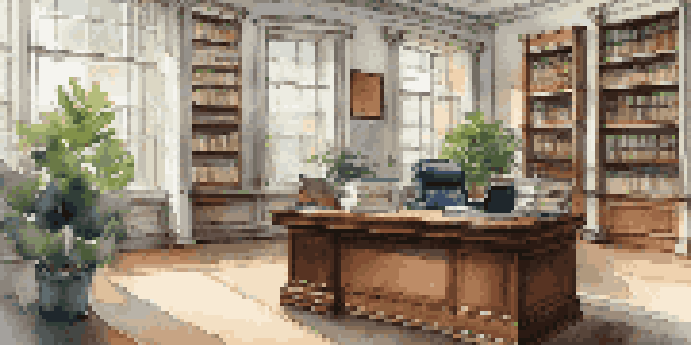 A contemporary law office with a wooden desk, laptop, legal documents, and natural light illuminating the space.