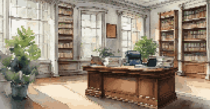 A contemporary law office with a wooden desk, laptop, legal documents, and natural light illuminating the space.