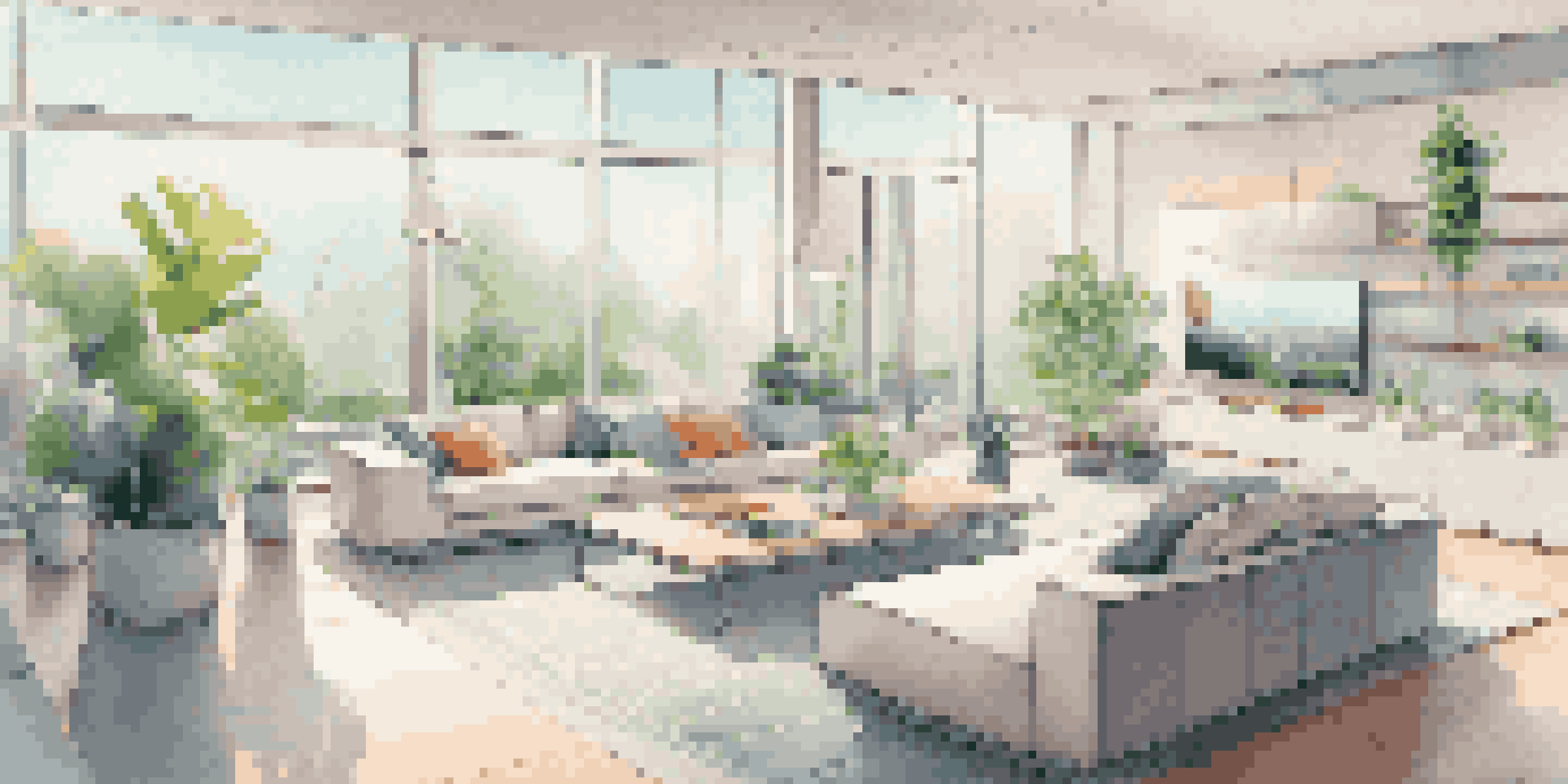 A modern smart home interior showcasing Edge AI devices like a voice assistant and security cameras, with natural light and plants enhancing the ambiance.