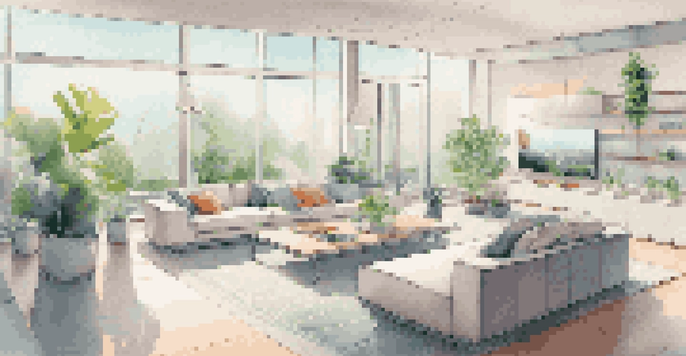 A modern smart home interior showcasing Edge AI devices like a voice assistant and security cameras, with natural light and plants enhancing the ambiance.