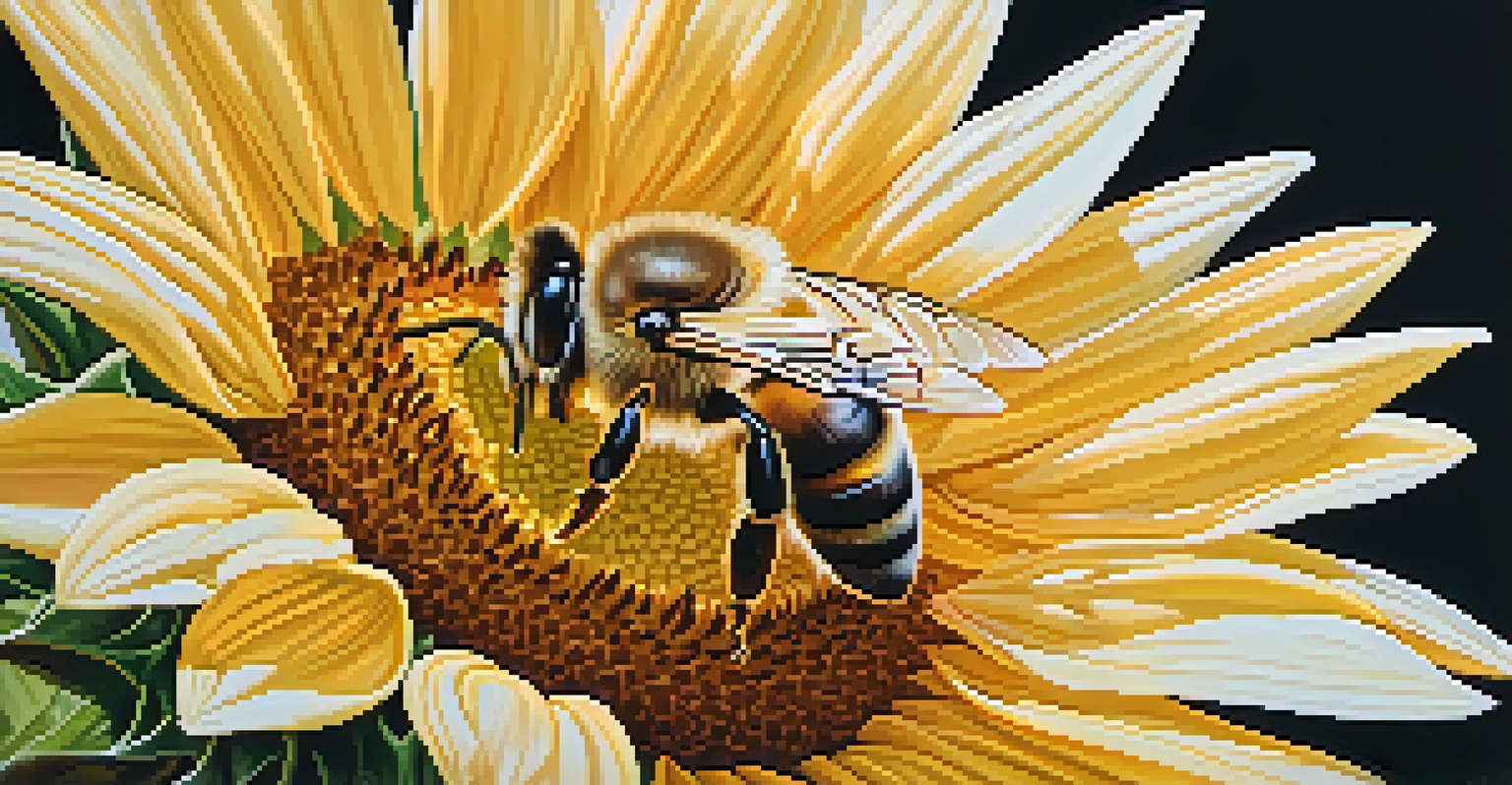 A close-up of a honeybee on a sunflower, highlighting the bee's wings and the flower's vibrant petals.