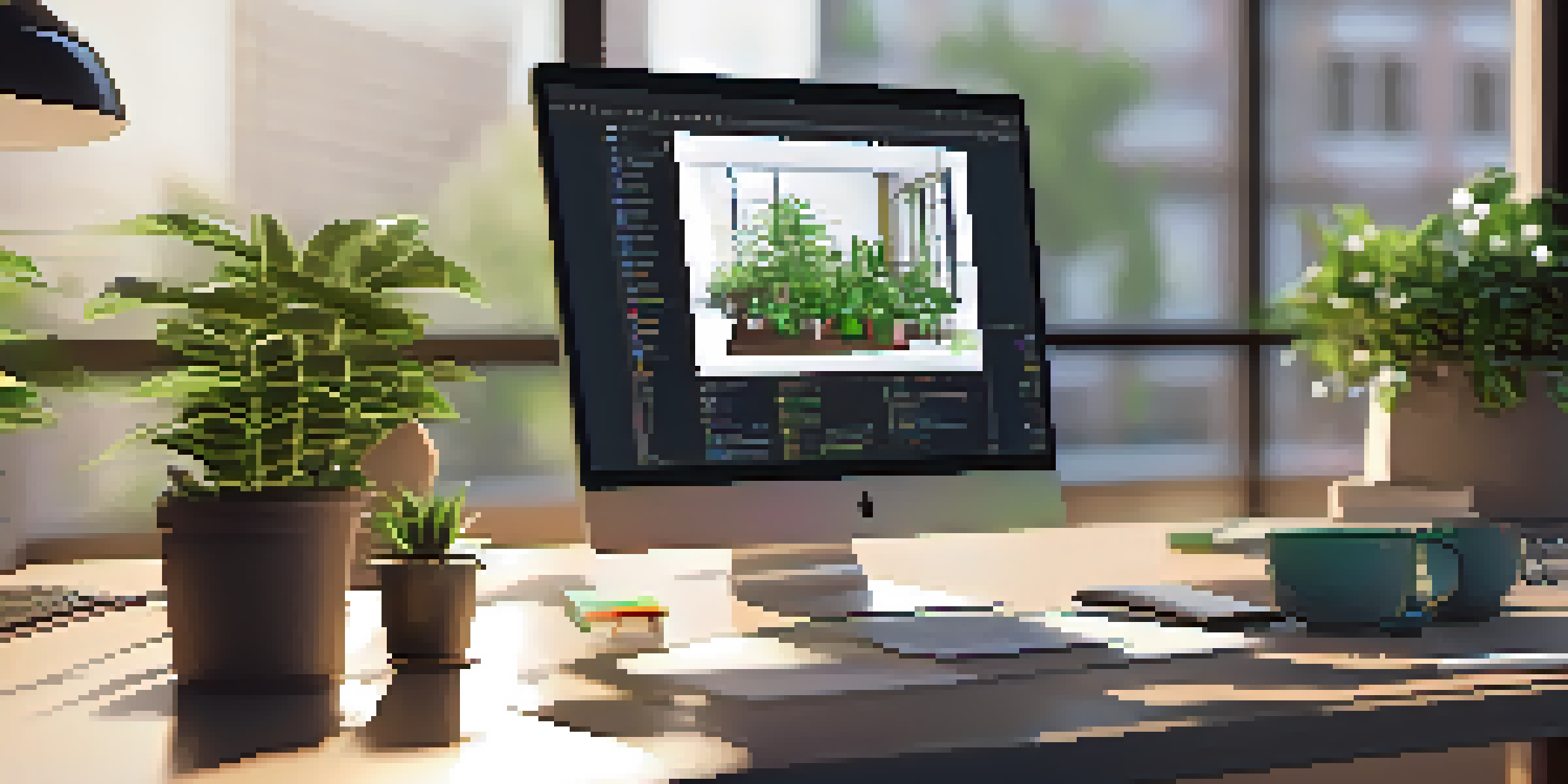 A contemporary office workspace showing a laptop with a low-code development platform interface, books, a notepad, and plants, with sunlight streaming through a window.